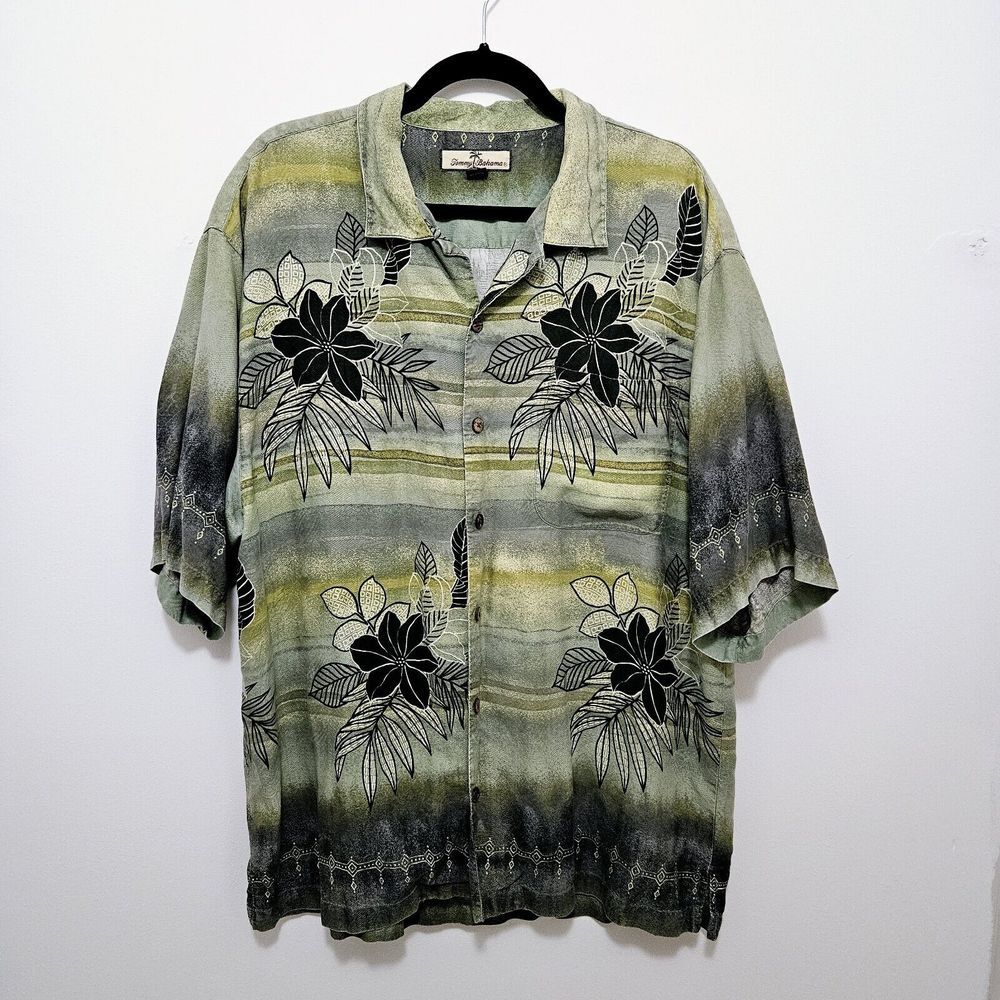 Tommy Bahama‎ Shirt Mens Sz XL 100% Silk Hawaiian Floral Camp Loop Hole FLAW